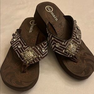Brown and White Beaded Rhinestone Flip Flop Sandals